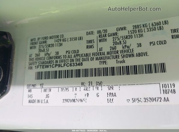 1FTEW1CP9LFC63348 2020 FORD F150 White Շարժիչի բաժամունքի տեսք