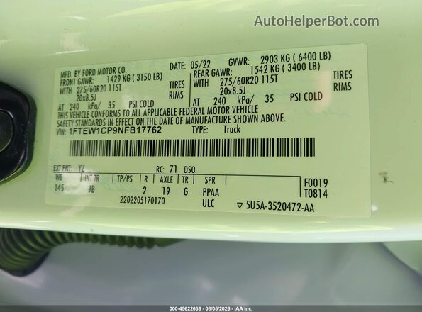 1FTEW1CP9NFB17762 2022 FORD F150 White Вид підкапотного простору