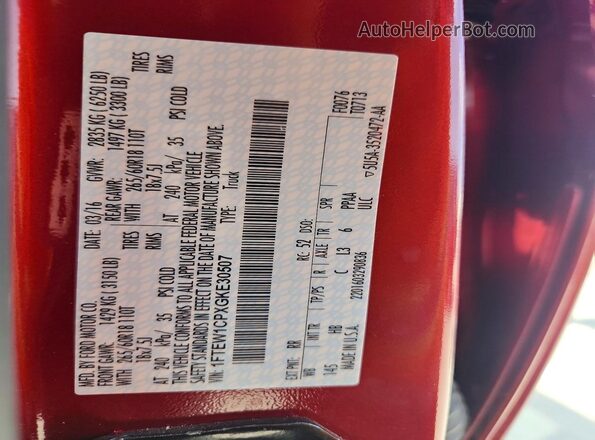 1FTEW1CPXGKE30507 2016 FORD F150 Red ძრავის განყოფილების ხედი