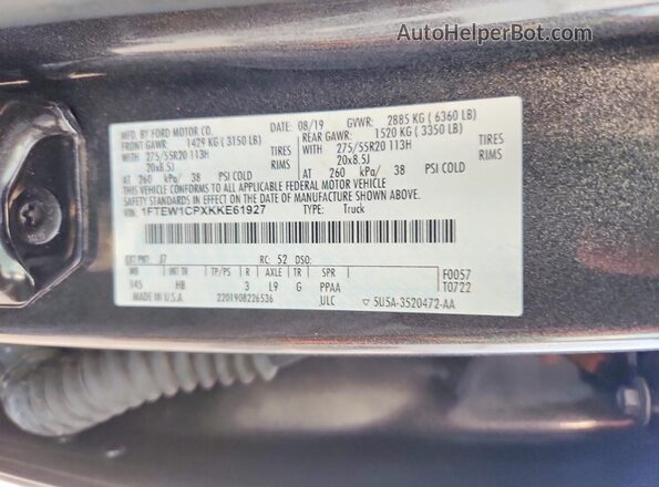 1FTEW1CPXKKE61927 2019 FORD F150 Gray Widok naklejki z numerem VIN