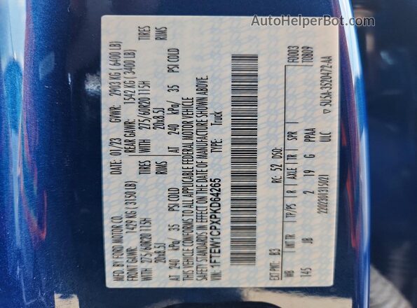 1FTEW1CPXPKD64265 2023 FORD F150 Blue VIN կոդի պիտակի տեսք
