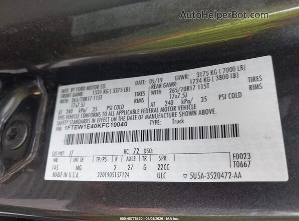 1FTEW1E40KFC10040 2019 FORD F150 Серый Вид подкапотного пространства
