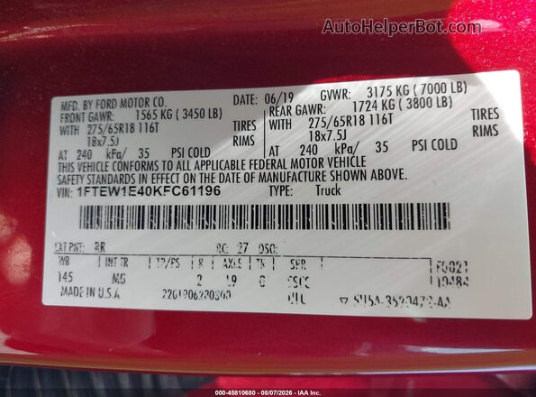 1FTEW1E40KFC61196 2019 FORD F150 Red Widok komory silnika