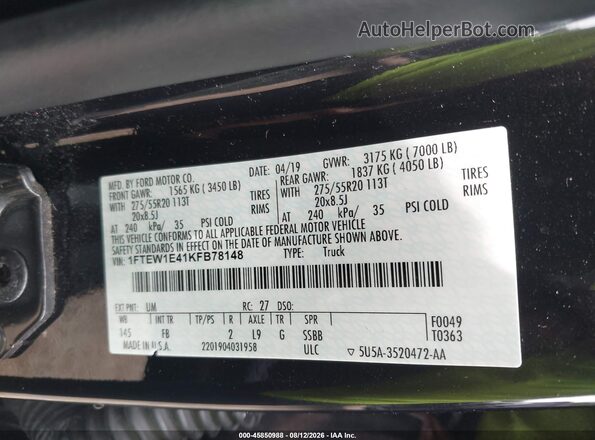 1FTEW1E41KFB78148 2019 FORD F150 Black Вид підкапотного простору