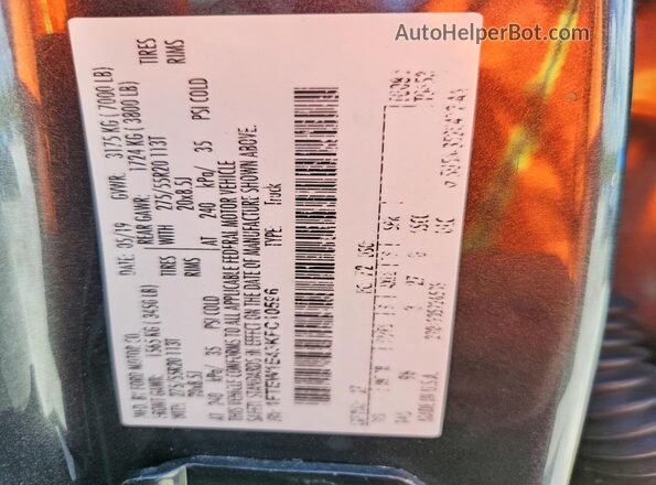 1FTEW1E43KFC10596 2019 FORD F150 Gray Vista de la etiqueta del VIN