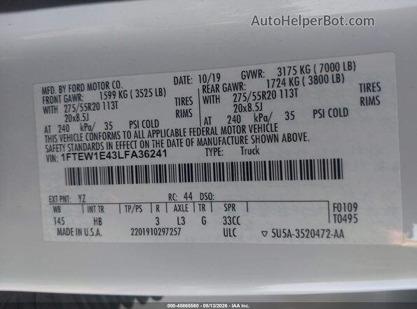 1FTEW1E43LFA36241 2020 FORD F150 White Engine compartment view