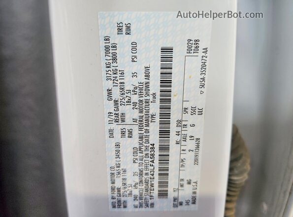 1FTEW1E43LFA58384 2020 FORD F150 White Շարժիչի բաժամունքի տեսք