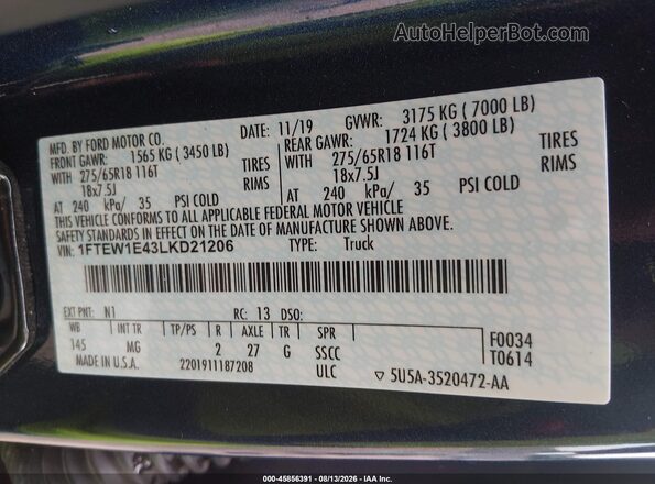 1FTEW1E43LKD21206 2020 FORD F150 Blue Widok komory silnika