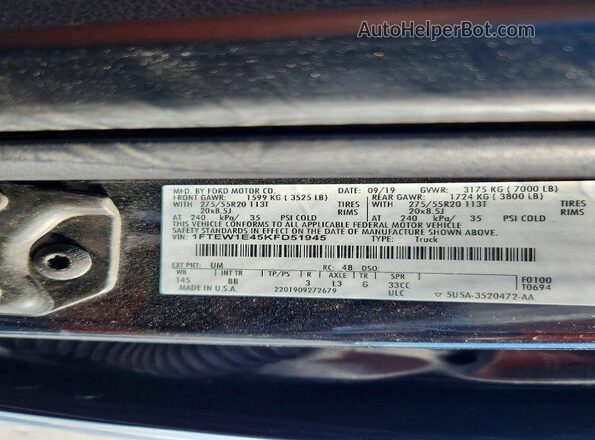 1FTEW1E45KFD51945 2019 FORD F150 Black Widok naklejki z numerem VIN