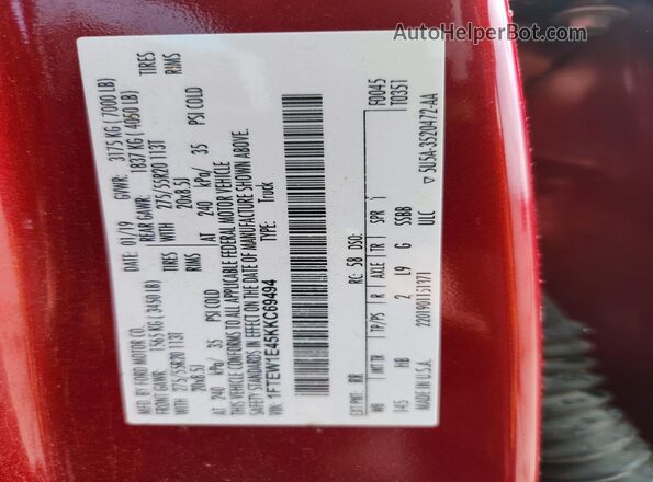 1FTEW1E45KKC69494 2019 FORD F150 Red ძრავის განყოფილების ხედი