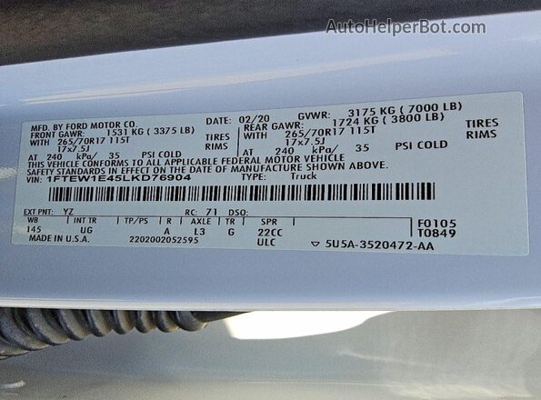 1FTEW1E45LKD76904 2020 FORD F150 Белый Вид подкапотного пространства