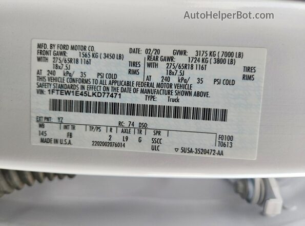 1FTEW1E45LKD77471 2020 FORD F150 White ძრავის განყოფილების ხედი