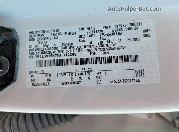 1FTEW1E47KFD12368 2019 FORD F150 White Engine compartment view