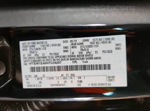 1FTEW1E48KFD39207 2019 FORD F150 Black ძრავის განყოფილების ხედი