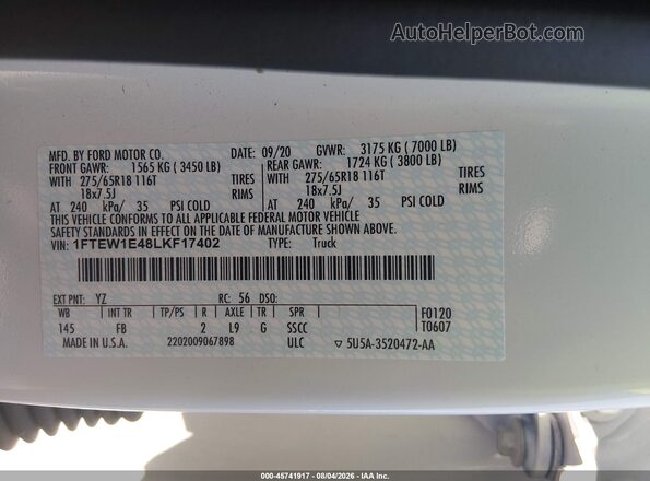 1FTEW1E48LKF17402 2020 FORD F150 White Widok komory silnika