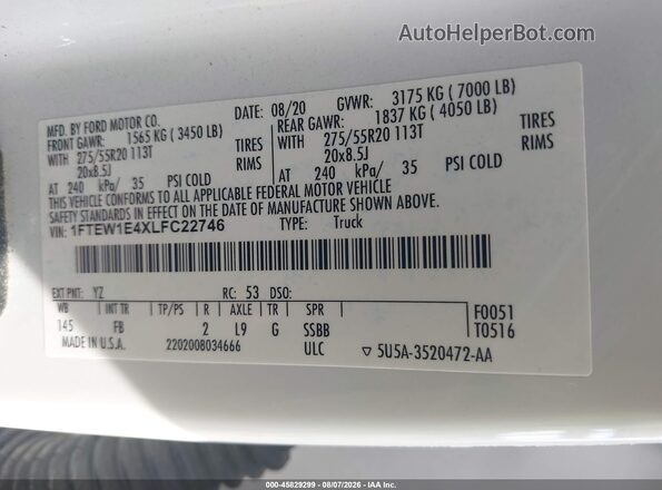 1FTEW1E4XLFC22746 2020 FORD F150 Белый Вид подкапотного пространства