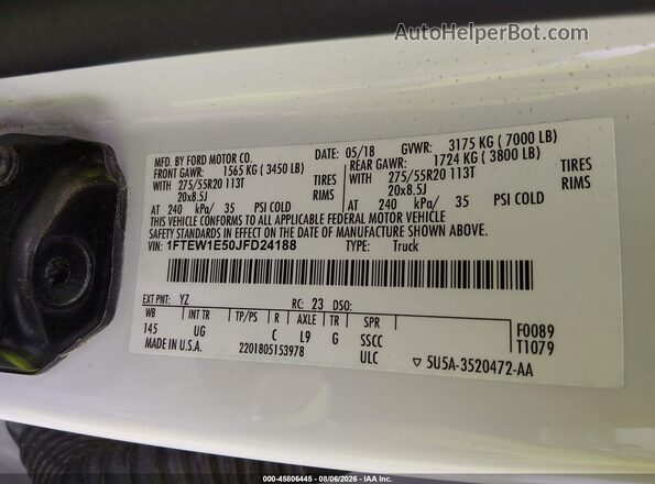 1FTEW1E50JFD24188 2018 FORD F150 White Widok komory silnika