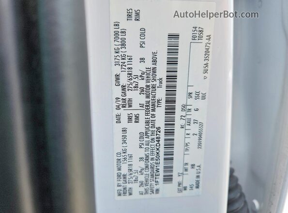 1FTEW1E50KKD48726 2019 FORD F150 Белый Вид подкапотного пространства