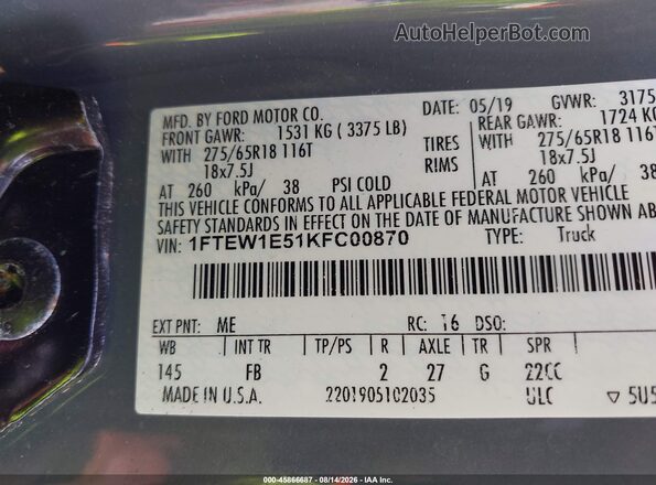 1FTEW1E51KFC00870 2019 FORD F150 Gray Շարժիչի բաժամունքի տեսք