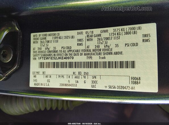1FTEW1E52JKE40970 2018 FORD F150 Blue Շարժիչի բաժամունքի տեսք