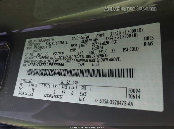 1FTEW1E53LFB85046 2020 FORD F150 Gray Widok komory silnika