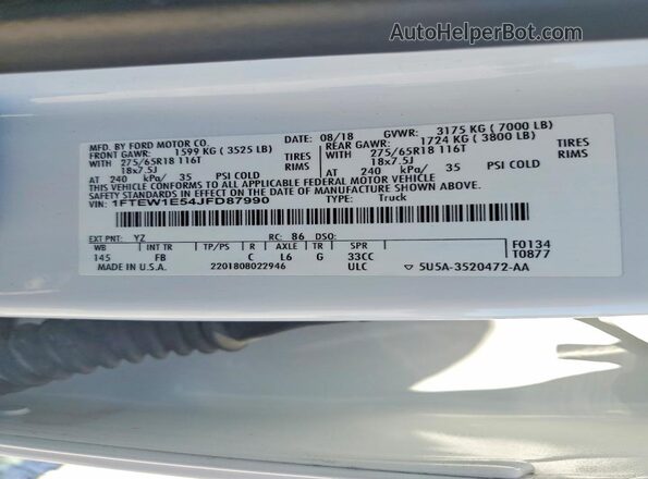 1FTEW1E54JFD87990 2018 FORD F150 White Widok komory silnika