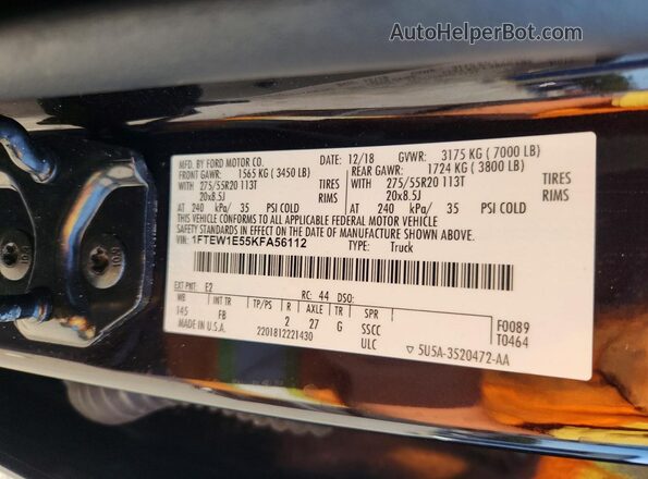 1FTEW1E55KFA56112 2019 FORD F150 Black Շարժիչի բաժամունքի տեսք