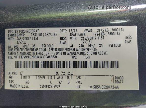 1FTEW1E56KKC38358 2019 FORD F150 Gray Engine compartment view