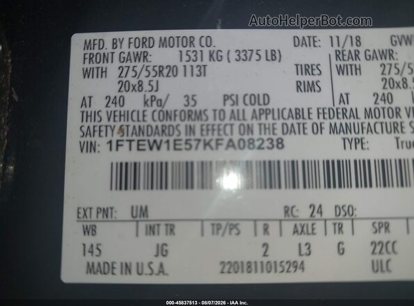 1FTEW1E57KFA08238 2019 FORD F150 Black Vista del compartimento del motor