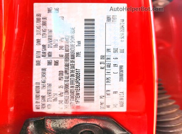 1FTEW1E58JFD93517 2018 FORD F150 Red Widok naklejki z numerem VIN