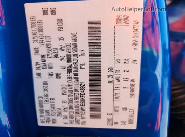 1FTEW1E58KFD48921 2019 FORD F150 Blue VIN კოდის სტიკერის ხედი