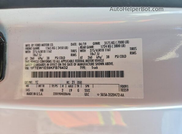 1FTEW1E59KFB76432 2019 FORD F150 White Вид наклейки з VIN-кодом