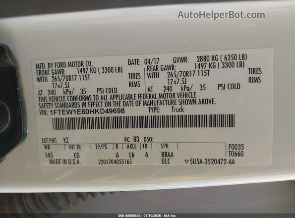 1FTEW1E80HKD49698 2017 FORD F150 White Շարժիչի բաժամունքի տեսք