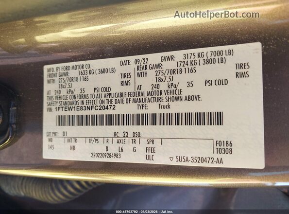 1FTEW1E83NFC20472 2022 FORD F150 Brown Engine compartment view