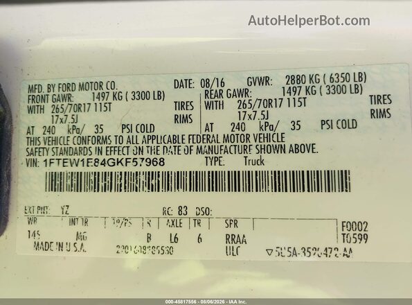 1FTEW1E84GKF57968 2016 FORD F150 Белый Вид подкапотного пространства