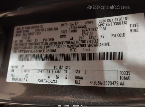 1FTEW1E85HKE26095 2017 FORD F150 Gray Vista del compartimento del motor