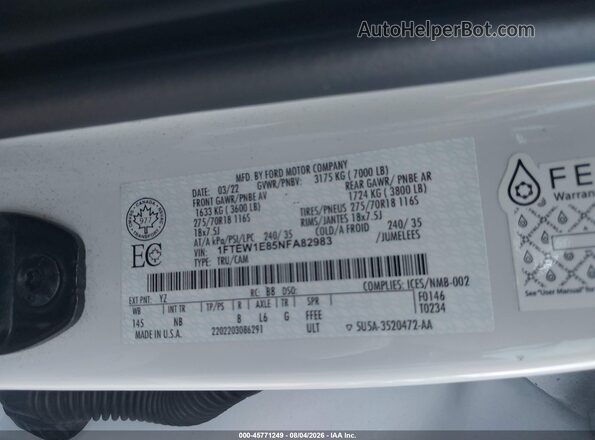 1FTEW1E85NFA82983 2022 FORD F150 White Engine compartment view