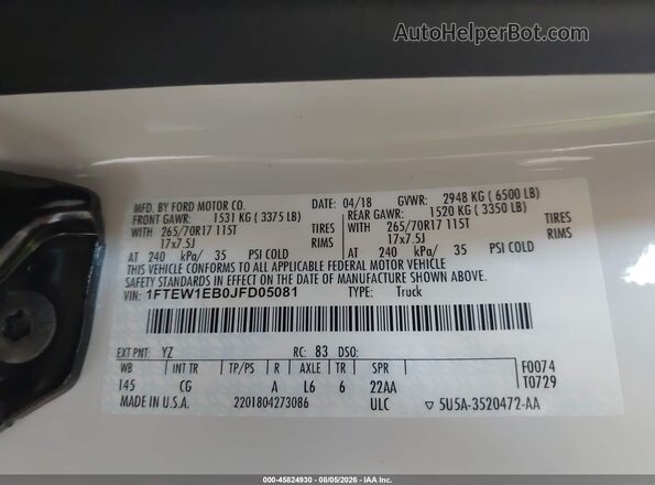 1FTEW1EB0JFD05081 2018 FORD F150 White Widok komory silnika