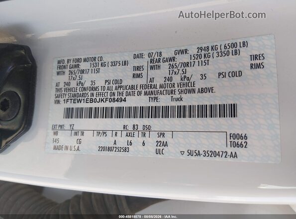 1FTEW1EB0JKF08494 2018 FORD F150 White Widok komory silnika