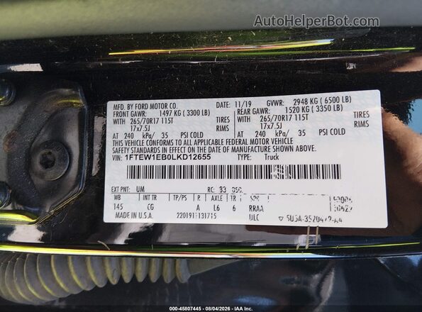 1FTEW1EB0LKD12655 2020 FORD F150 Black Շարժիչի բաժամունքի տեսք