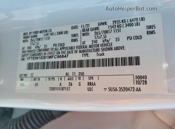 1FTEW1EB1MFC96847 2021 FORD F150 White VIN კოდის სტიკერის ხედი