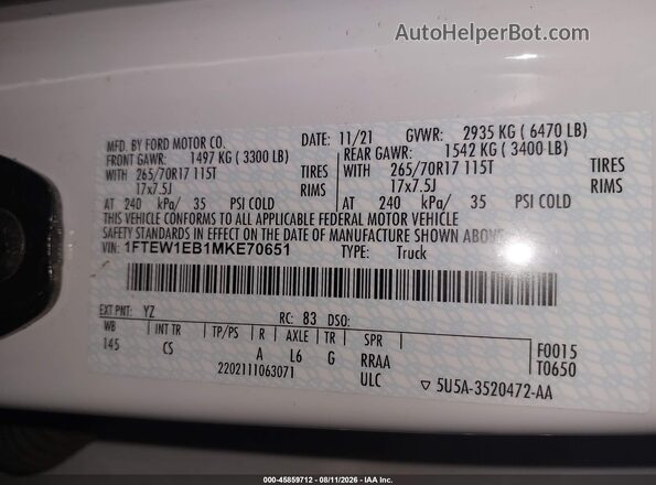 1FTEW1EB1MKE70651 2021 FORD F150 White Engine compartment view