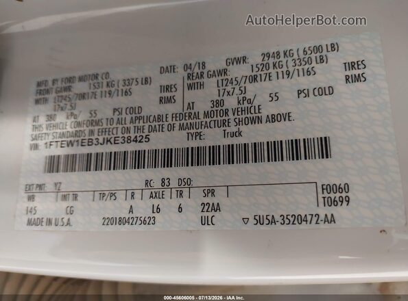1FTEW1EB3JKE38425 2018 FORD F150 White Widok komory silnika