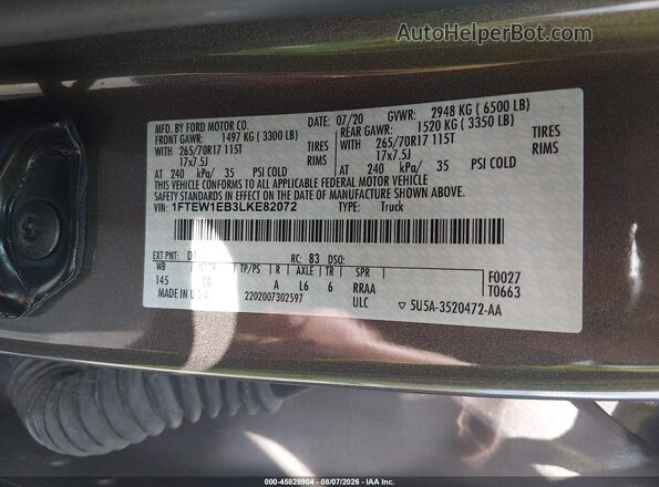 1FTEW1EB3LKE82072 2020 FORD F150 Brown Vista del compartimento del motor