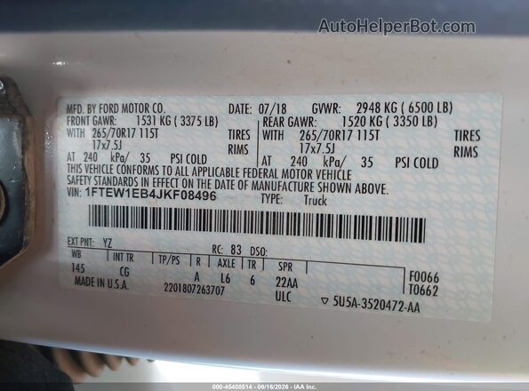 1FTEW1EB4JKF08496 2018 FORD F150 White Vista del compartimento del motor