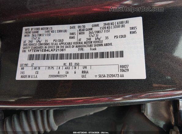 1FTEW1EB4LKF21381 2020 FORD F150 Gray Շարժիչի բաժամունքի տեսք