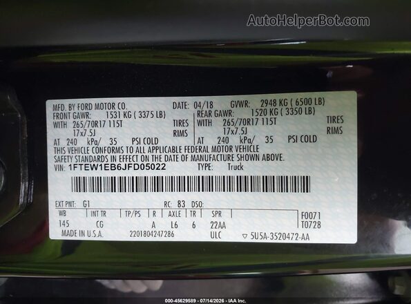 1FTEW1EB6JFD05022 2018 FORD F150 Black ძრავის განყოფილების ხედი