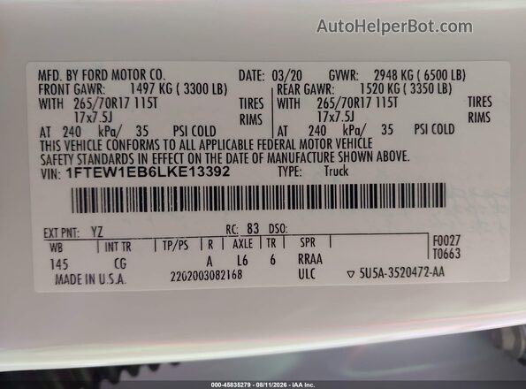 1FTEW1EB6LKE13392 2020 FORD F150 White Engine compartment view
