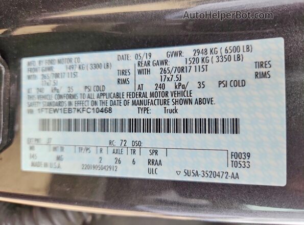 1FTEW1EB7KFC10468 2019 FORD F150 Угольный Вид наклейки с VIN-кодом