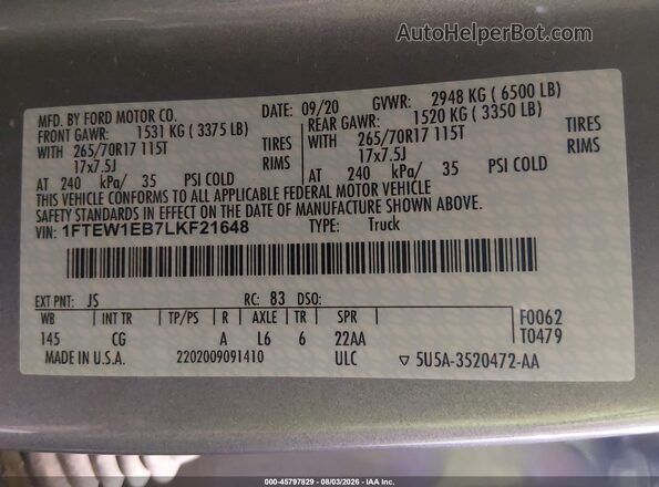 1FTEW1EB7LKF21648 2020 FORD F150 Silver Vista del compartimento del motor